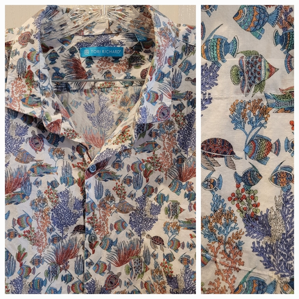 Tori Richard Mens Cotton Lawn Camp Shirt  Aquaculture 3XL Fish Fishing Aloha
